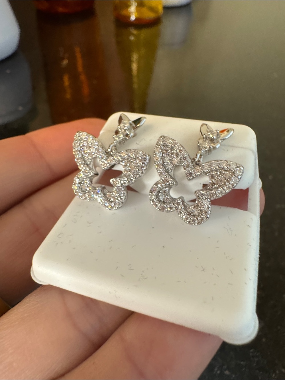 Sterling Silver Crystal Butterfly Drop Earrings - Silver